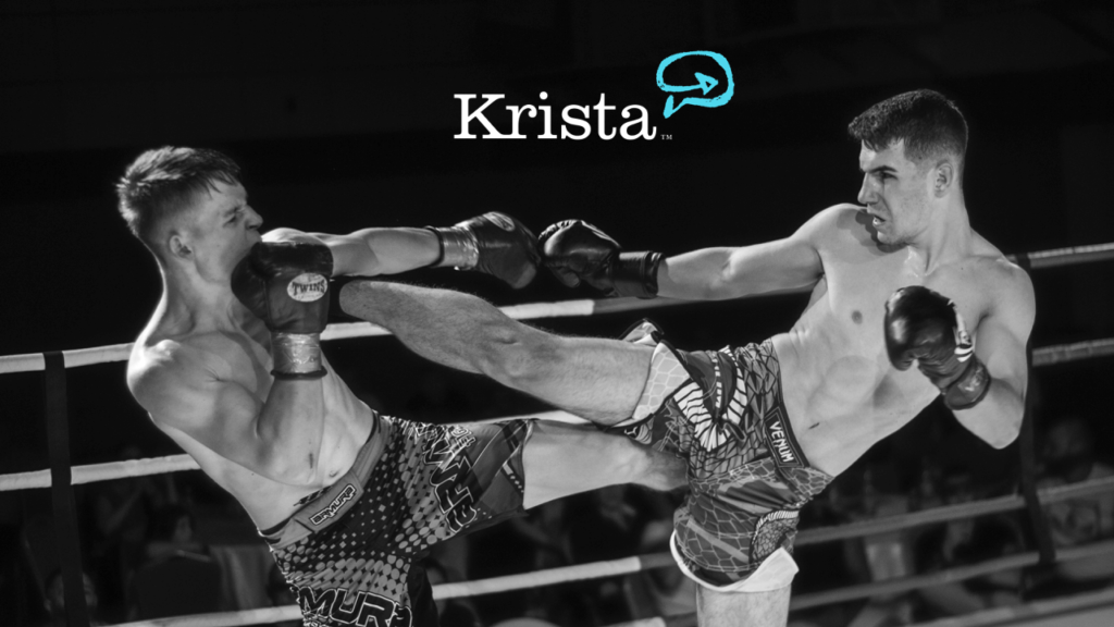 Black and white image of two boxers boxing and krista logo